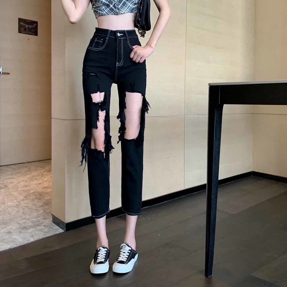 Black Ripped Holes Jeans Women Summer Skinny Denim Pencil Trousers Solid High Waist Hip Hop Stretchy Elastic Harajuk